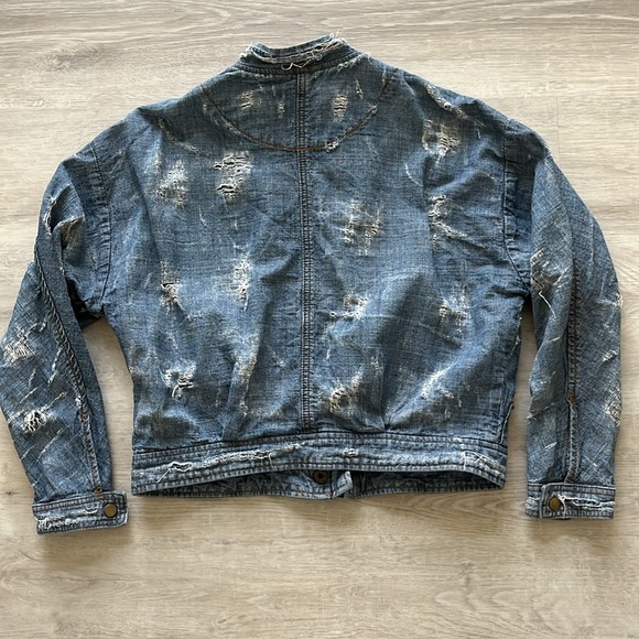Free People Tattered Distressed Tennis Bomber Jean Jacket Indigo - Women’s Small - Picture 3 of 7